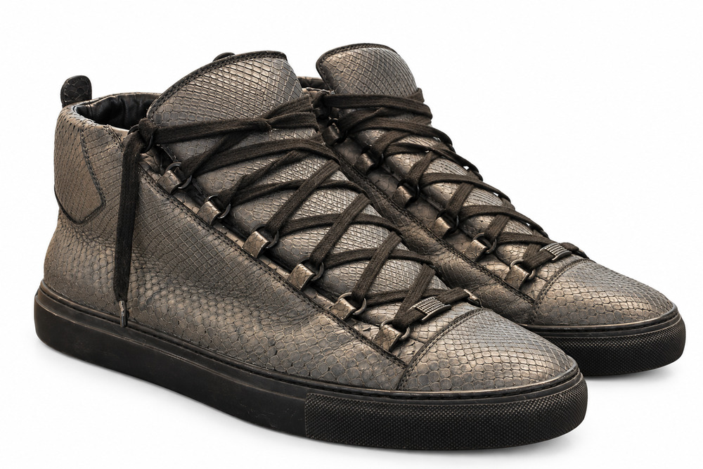 Balenciaga Mens Sneakers Size 47 Gray Snakeskin Arena High Top Leather Lace Up